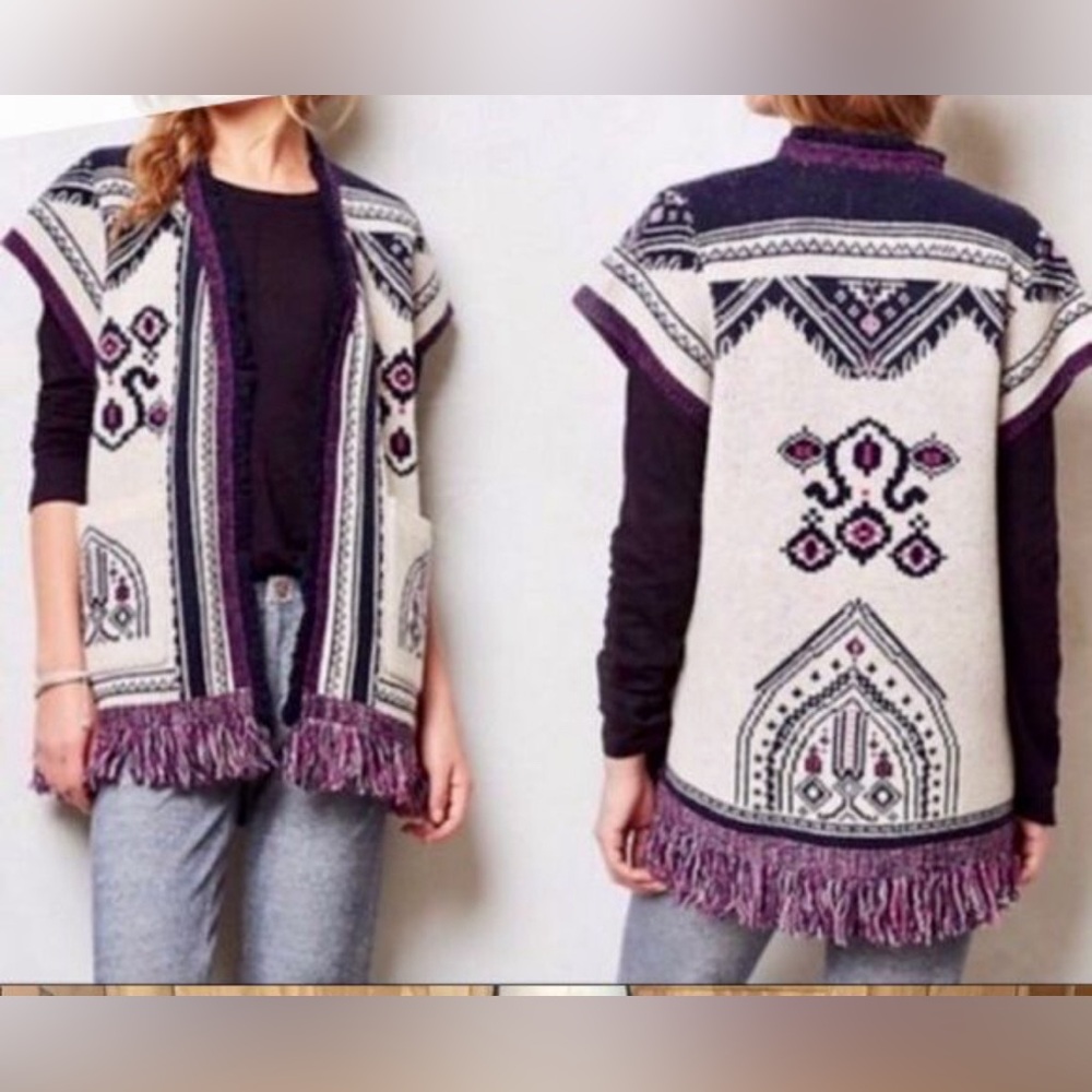 Anthropologie Angel of the North Lamaline Fringe Wool Vest Cardigan Sz XS/S